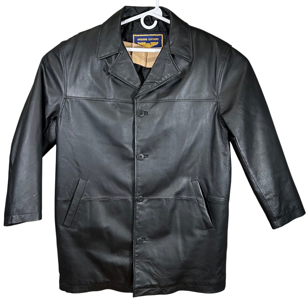 Airborne Leathers Mens Black Genuine Leather Button Front Quilted Coat Large